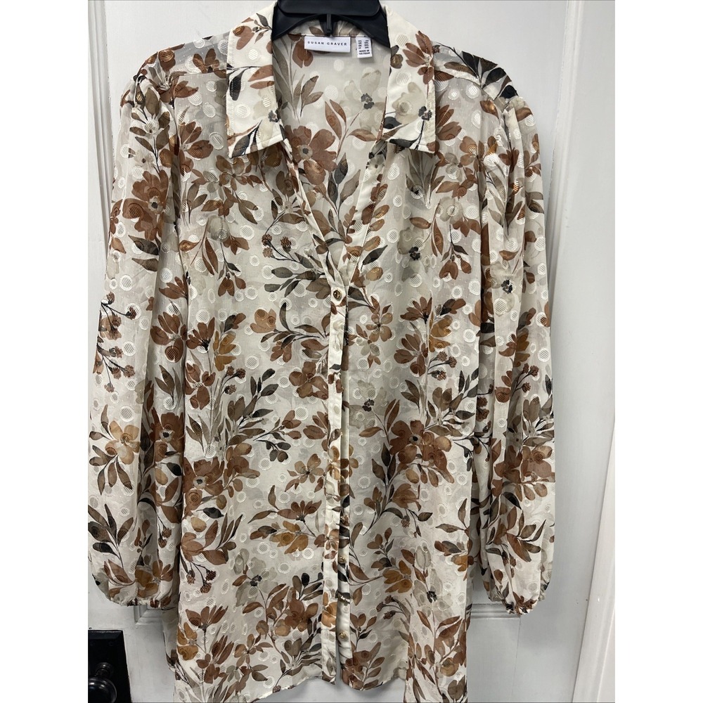 Susan Graver Brown Floral Sheer Long Sleeve Button Down Blouse Size 2X